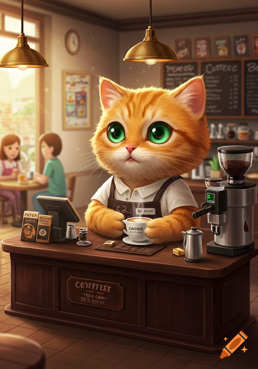 An orange tabby cat barista serves coffee in a cute cartoon style.