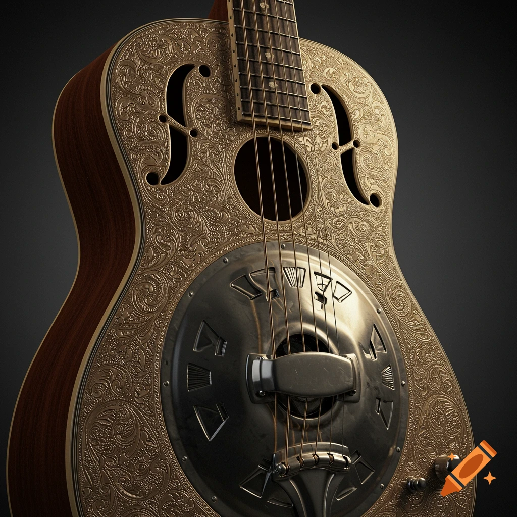 Close-up of a resonator guitar with intricate gold ornamentation and silver metal details.