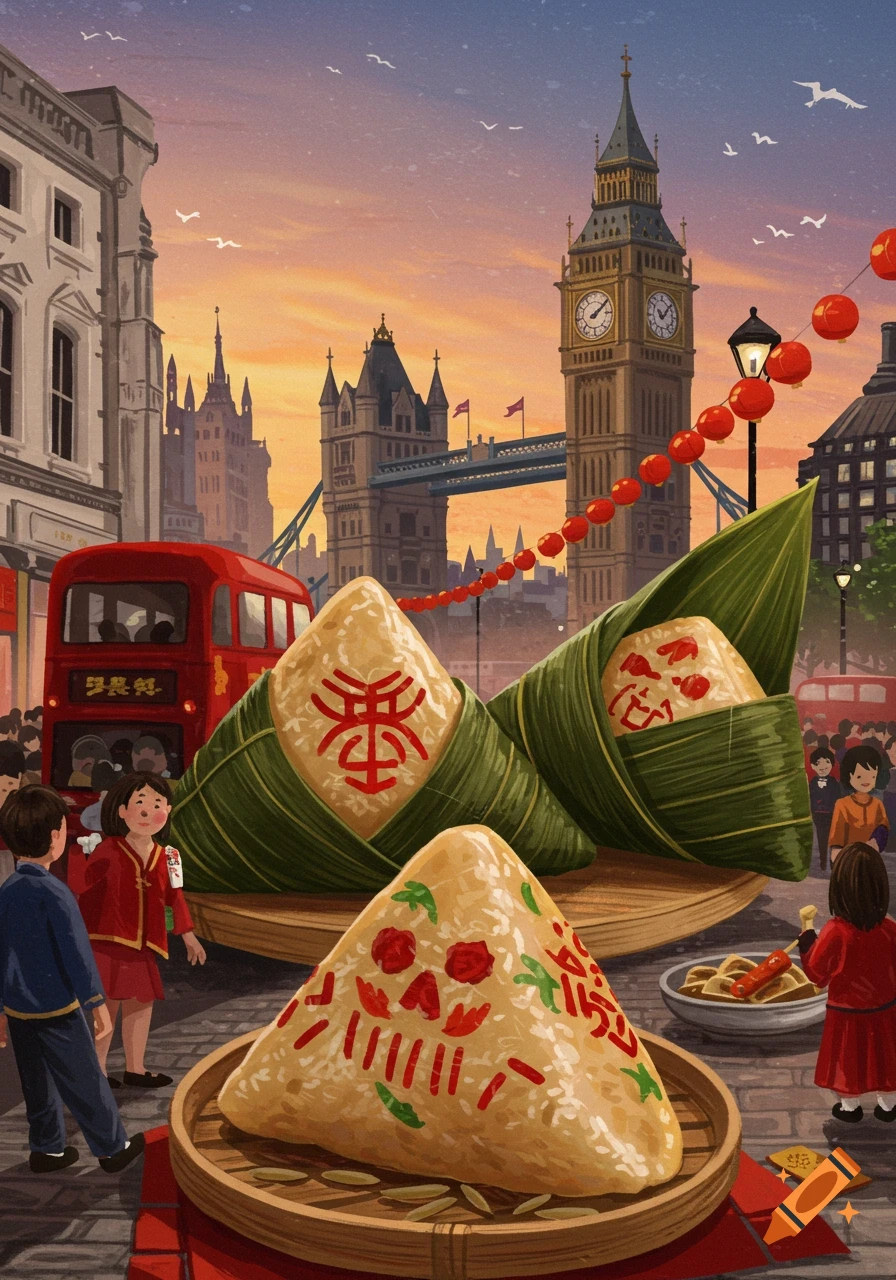 Illustrated scene of large Zongzi dumplings in London with Big Ben and Tower Bridge