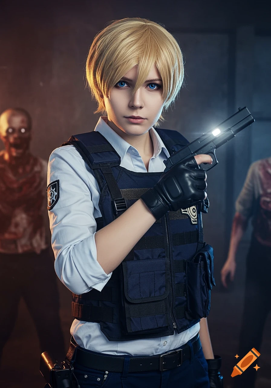 Cosplayer dressed as Leon S. Kennedy from Resident Evil holding a pistol, with blurry zombies in the background