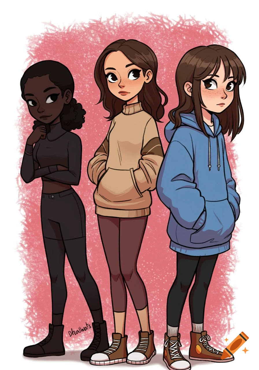 Three cartoon girls standing together, one black, one with brown hair in beige sweater, one with brown hair in blue hoodie.