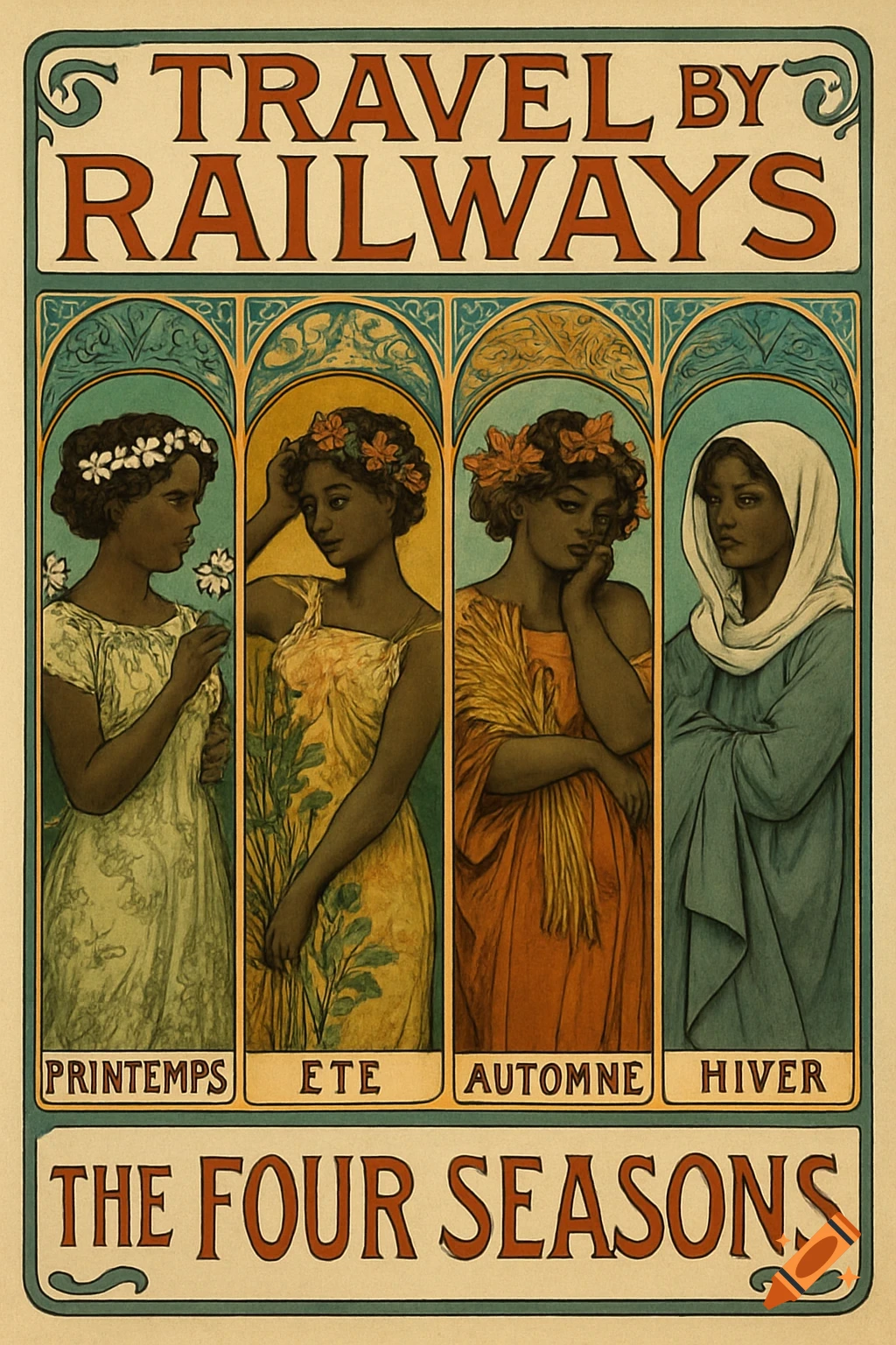 Art Nouveau poster 'Travel by Railways The Four Seasons' depicting four women representing spring, summer, autumn, and winter.