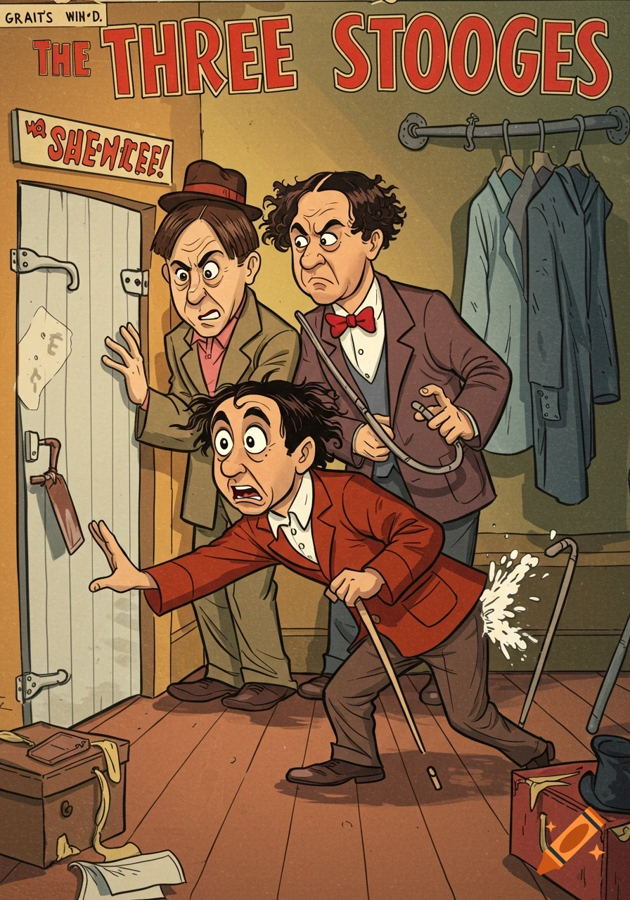 Cartoon illustration of the Three Stooges, with Curly having an accident on the floor, while Moe and Larry react.