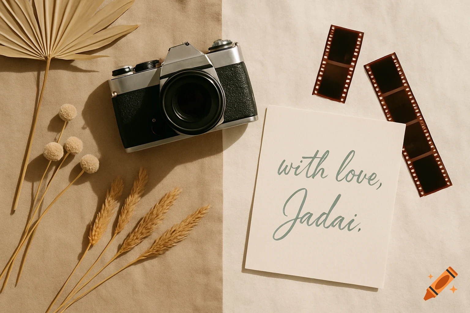 Boho photography flat lay with vintage camera, film strips, dried plants, and a handwritten note.