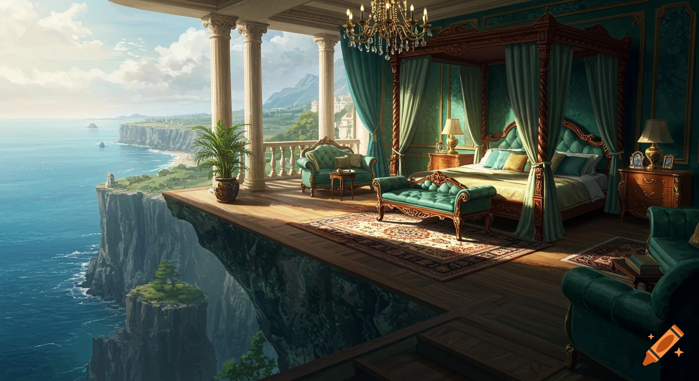 Luxurious bedroom with four-poster bed on a balcony overlooking a dramatic cliff edge and ocean view. Painterly style.