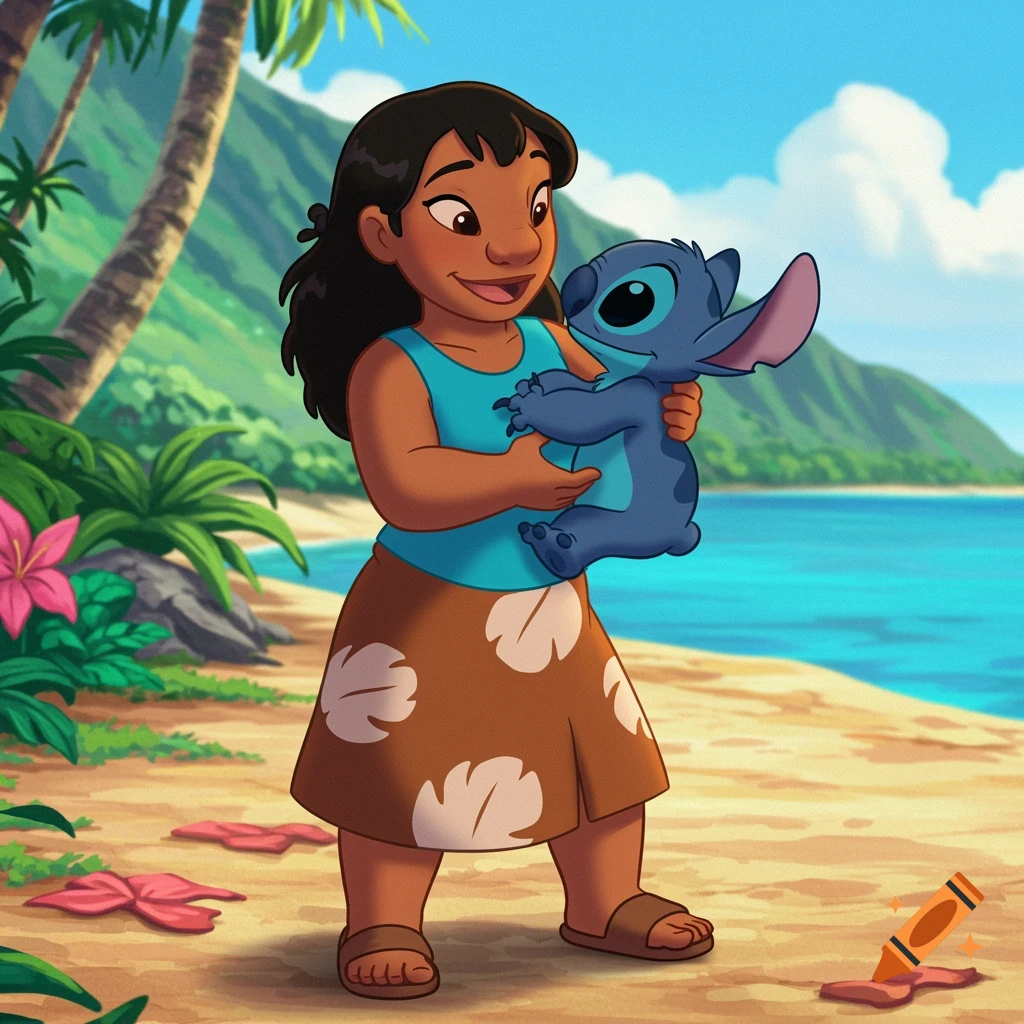 Cartoon girl holds blue alien on a tropical beach