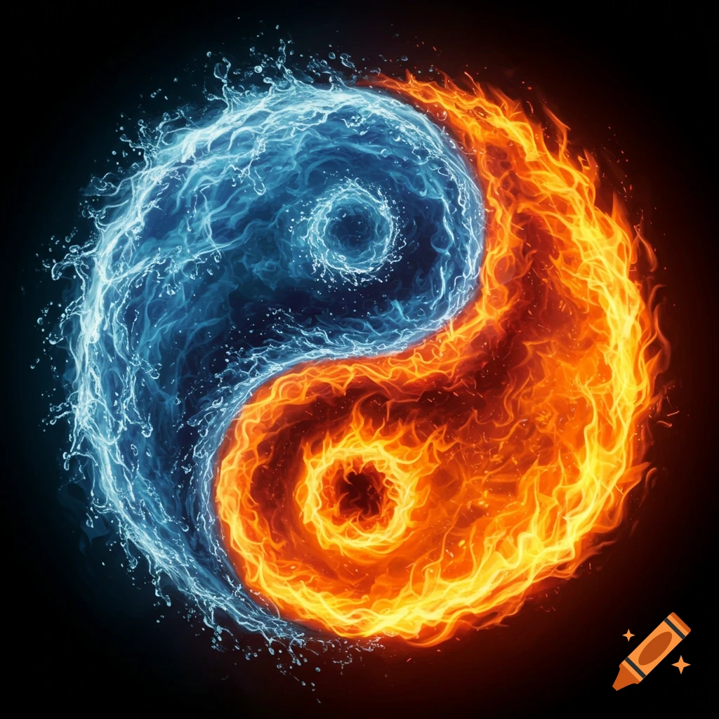 Yin Yang symbol made of swirling blue water and orange fire on a black background.
