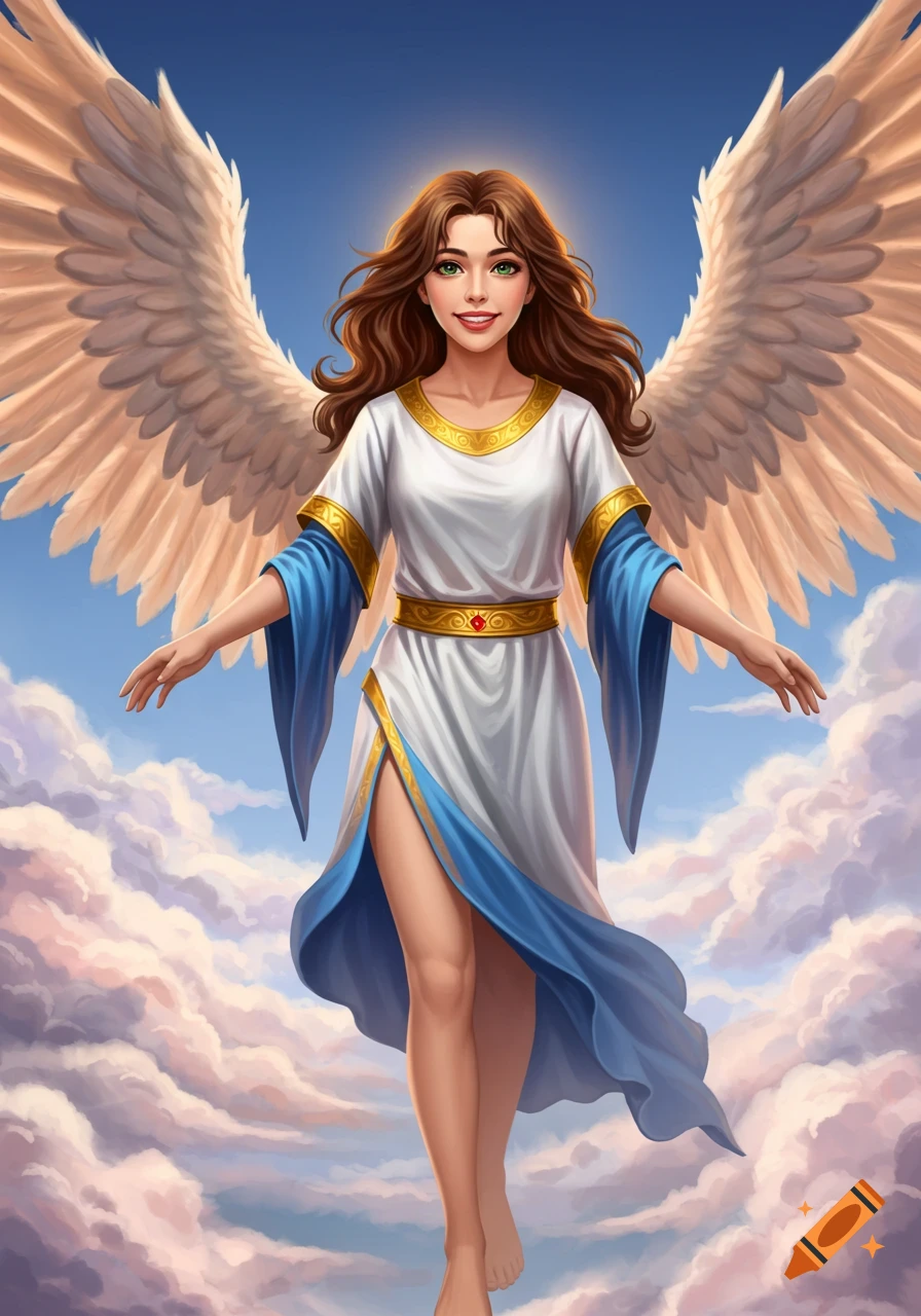 Illustrative painting of a smiling female angel with large wings standing on clouds.