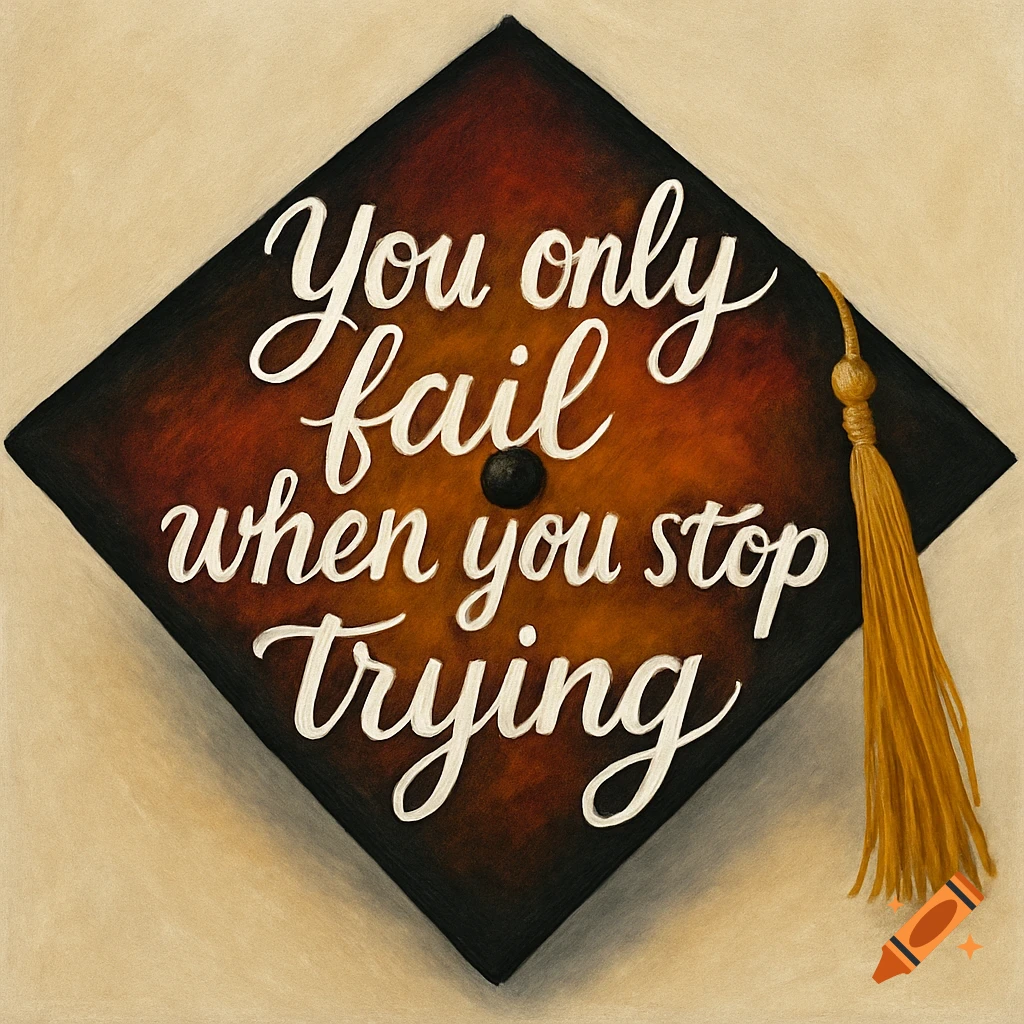 A graduation cap decorated with the quote 'You only fail when you stop trying'.