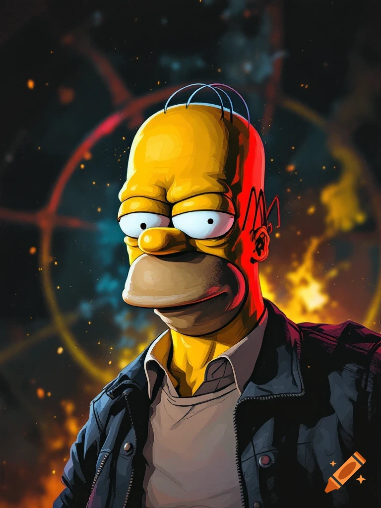 A dramatic depiction of Homer Simpson wearing a leather jacket against a dark, stylized background, in a movie poster style.