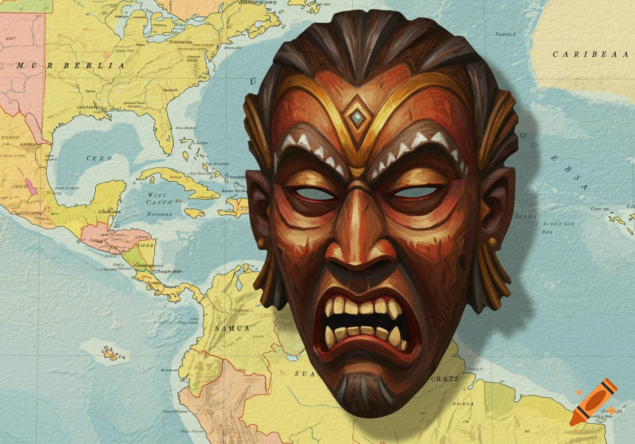 Pencil color drawing of an angry African style mask over a map of the Caribbean.
