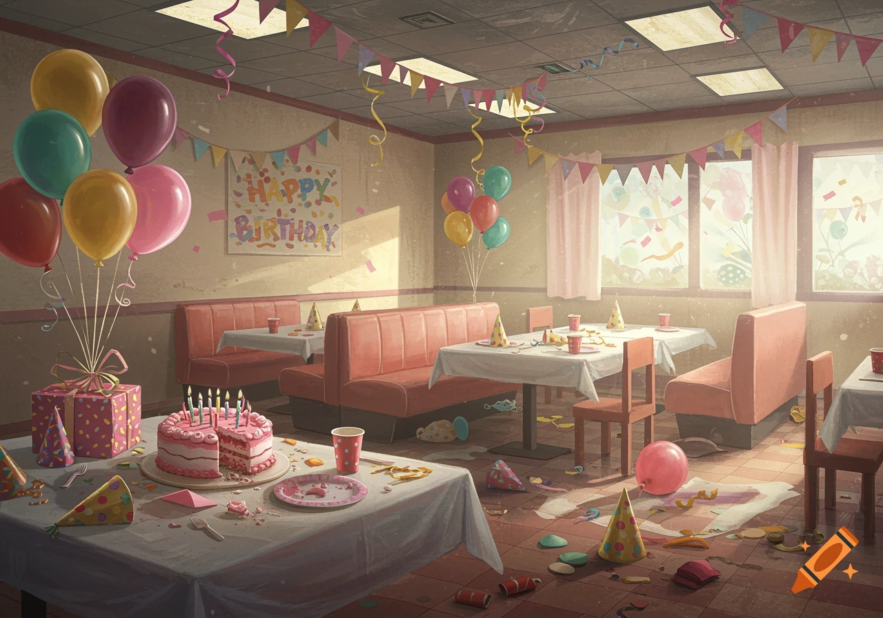 Empty, messy birthday party room in a restaurant after the party, with cake, decorations, and debris.