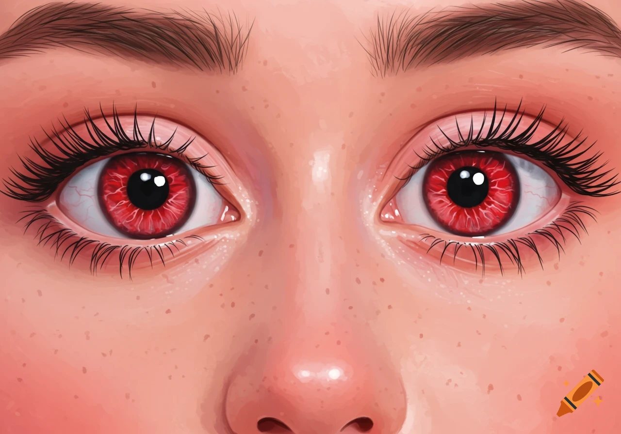 Close-up illustration of eyes with bright red irises and prominent veins.