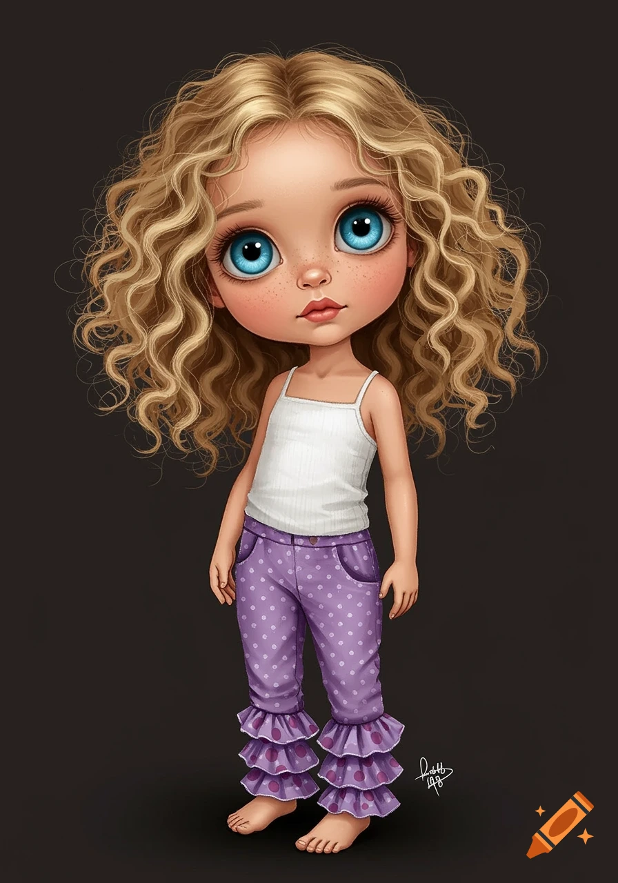 Children's book illustration of a girl with big blue eyes and curly blonde hair, wearing a white tank top and purple polka dot pants with ruffles.