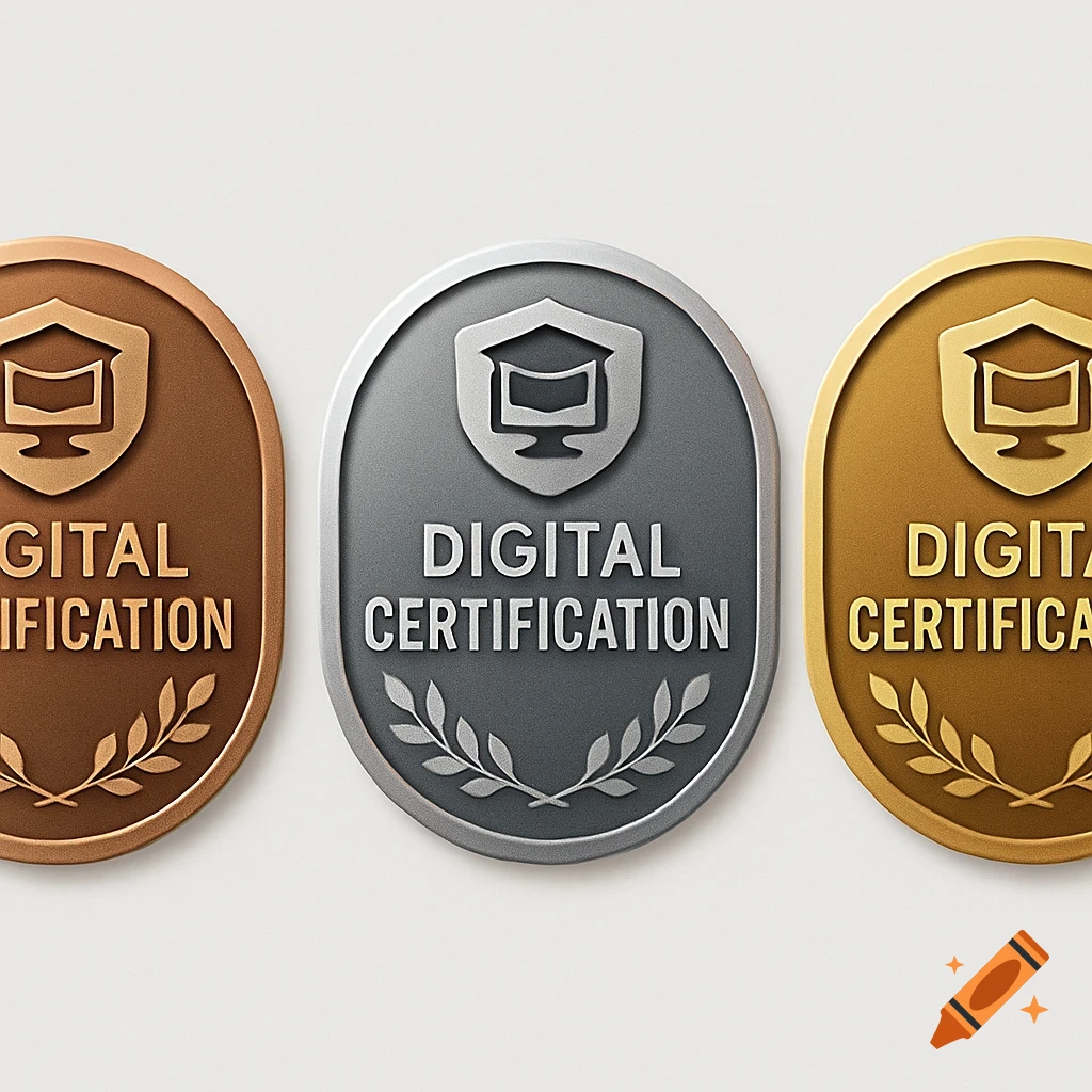 Bronze, silver, and gold digital certification badges with a computer-graduation cap icon and 'DIGITAL CERTIFICATION' text.