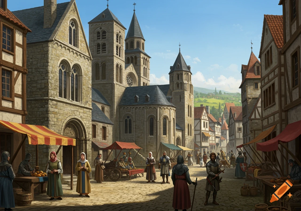 A busy medieval town square with people, market stalls, and a large stone church under a blue sky.