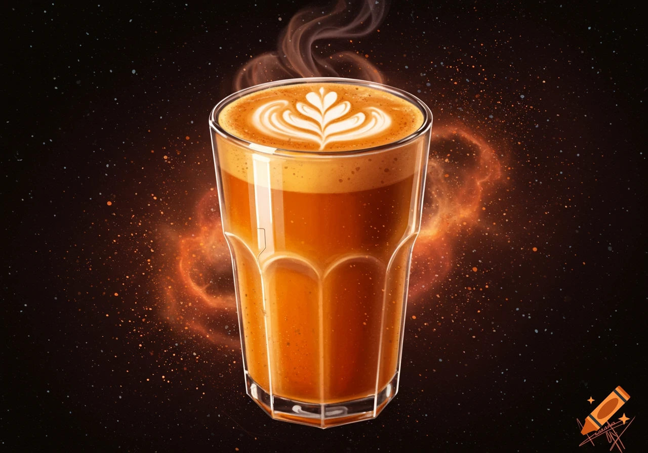 A pumpkin spice latte with latte art against a starry space background.
