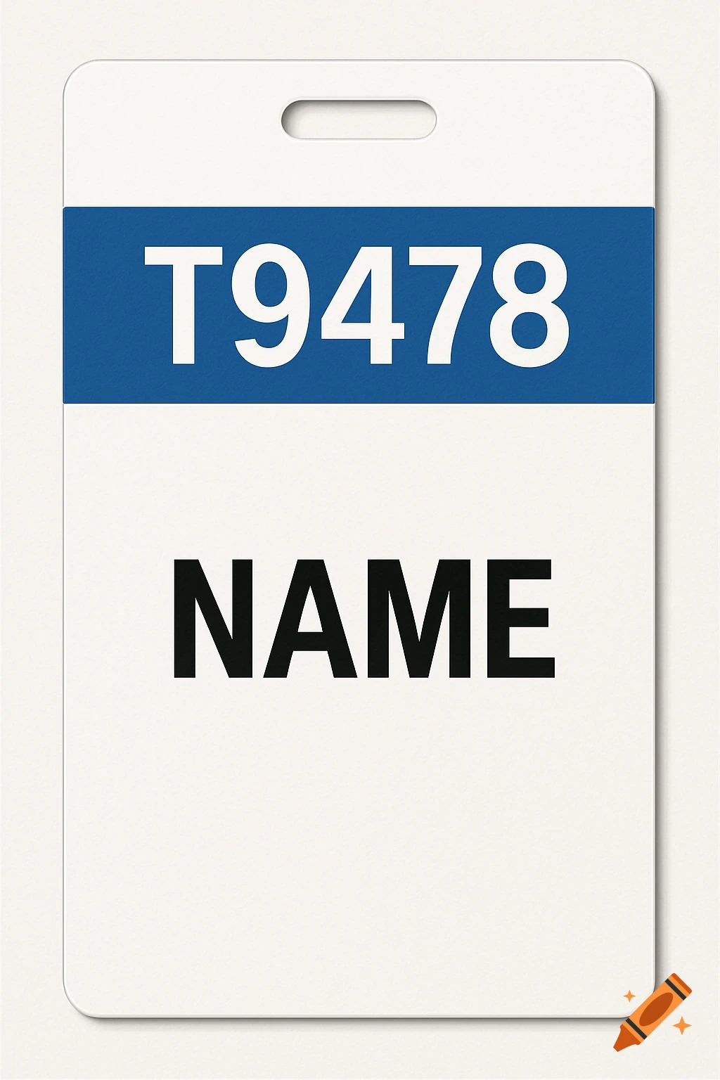 White badge with blue stripe showing T9478 and NAME text.