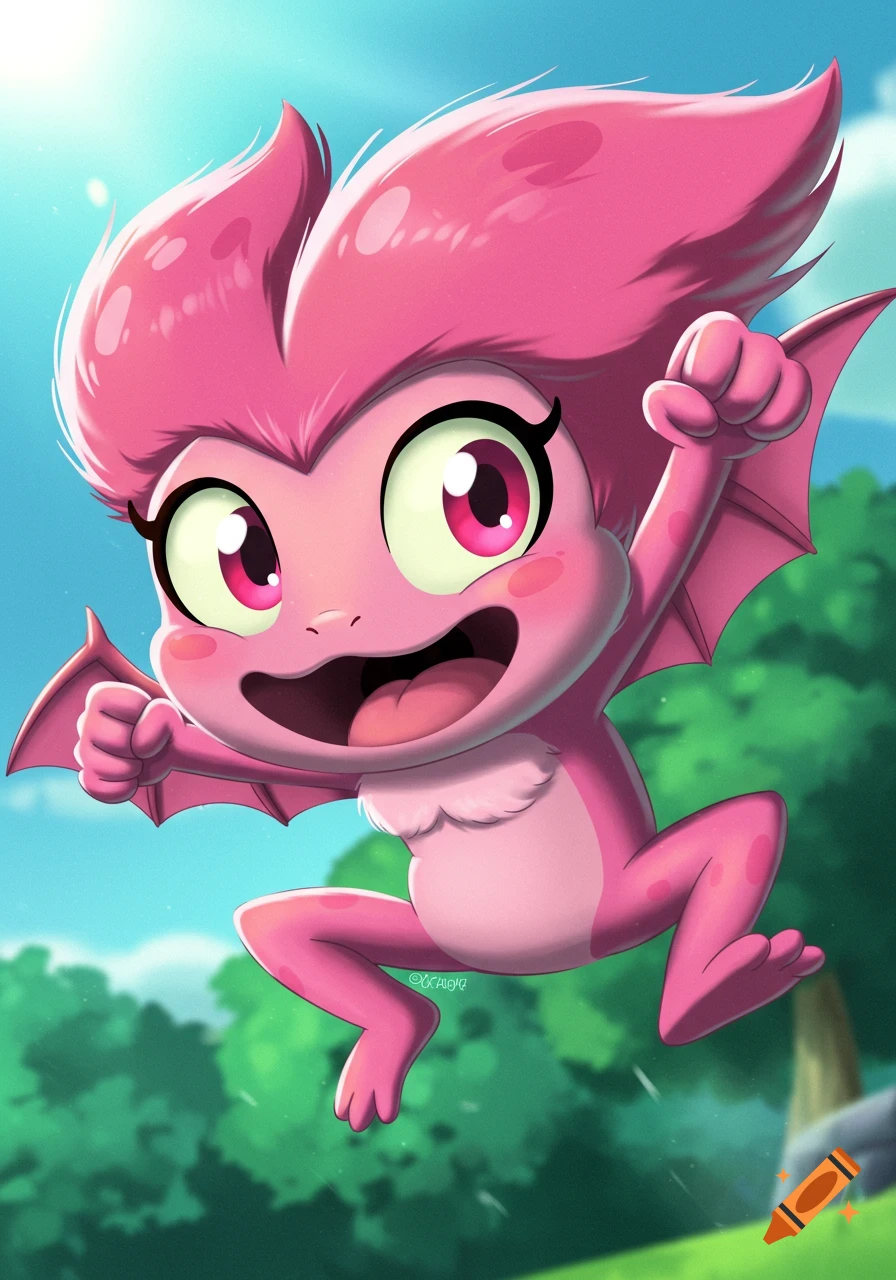 Pink cartoon creature with big eyes and wings jumping in the air with its fists clenched.