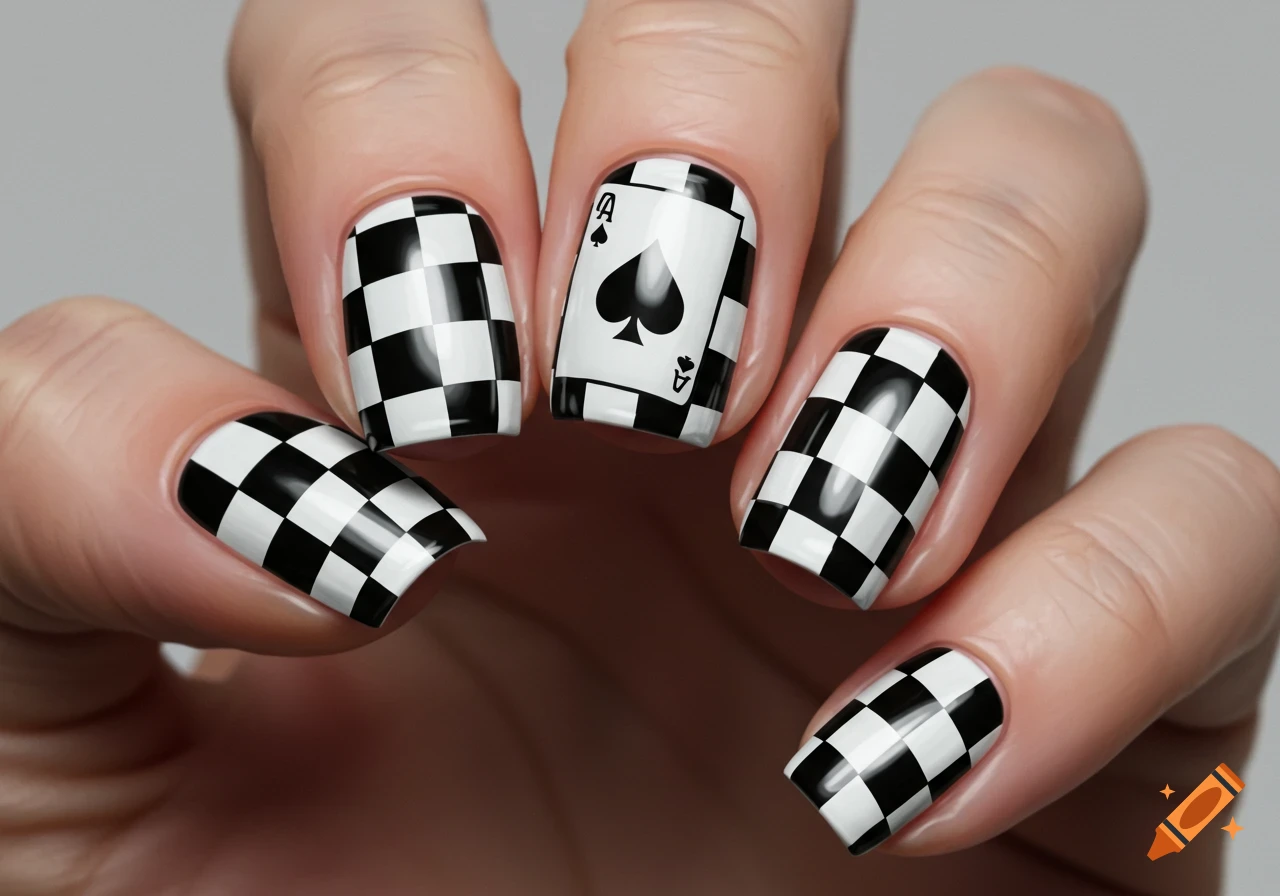 Hand with nails painted with black and white checkered patterns and an Ace of Spades design.