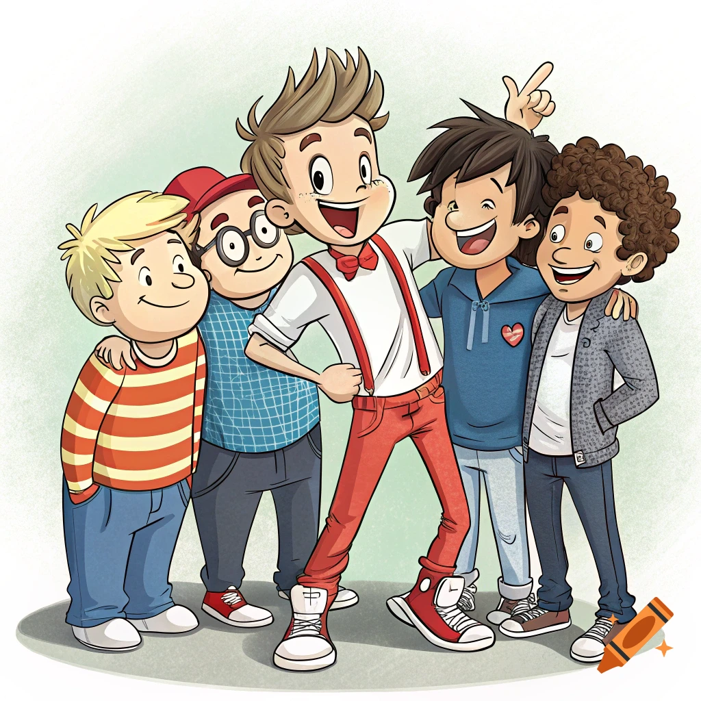 Cartoon illustration of five smiling boys posing together.