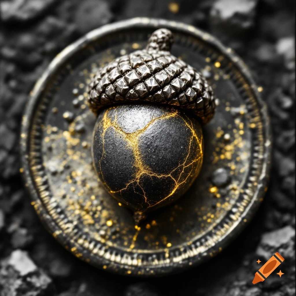Vintage art style close-up of a dark acorn with glowing gold veins on a textured coin.