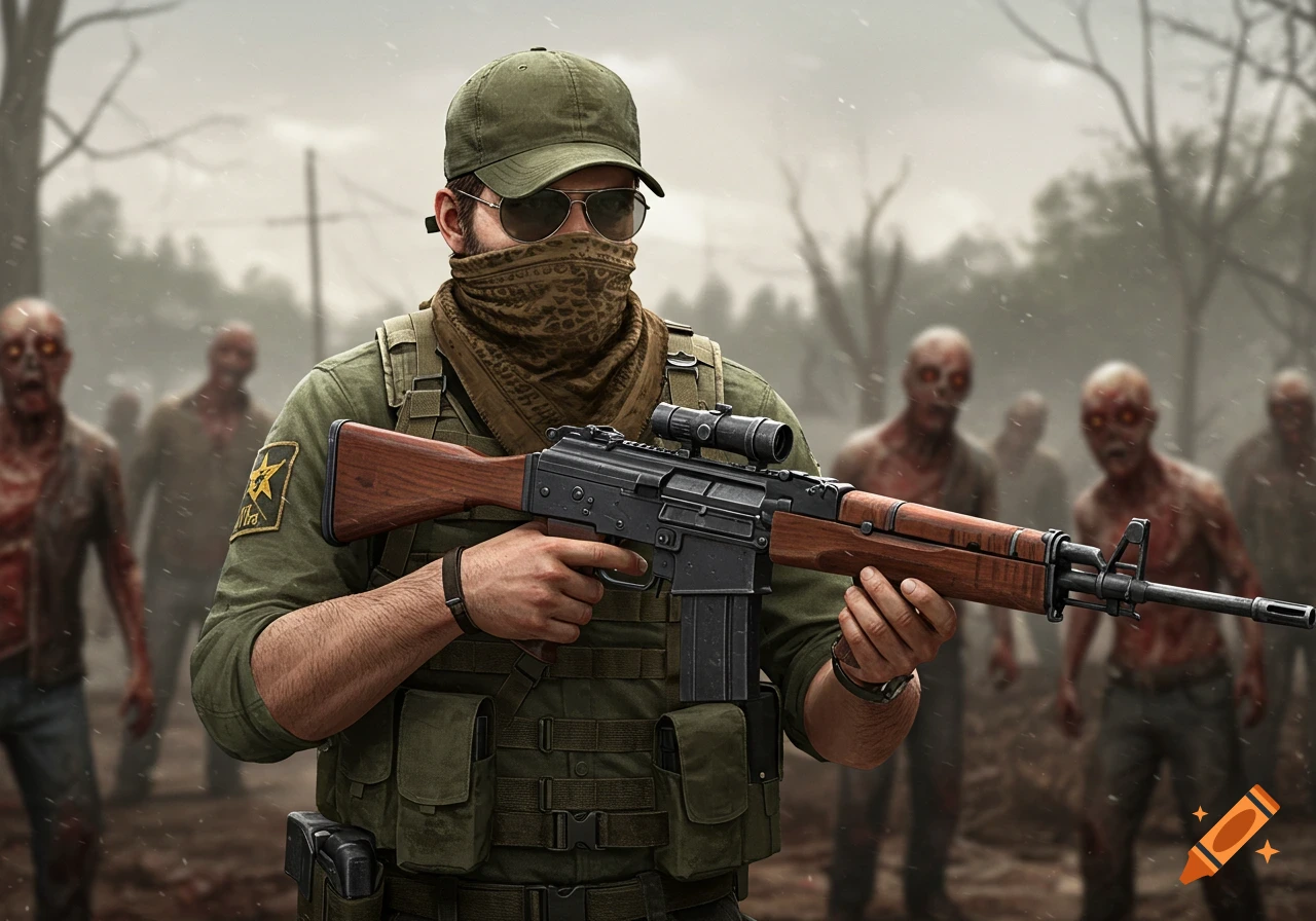 A soldier with a rifle stands amidst zombies in a post-apocalyptic scene.