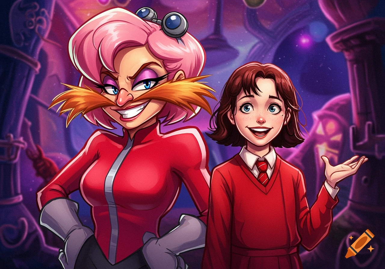 Cartoon illustration of a woman with pink hair and large mustache standing next to a young girl with brown hair.