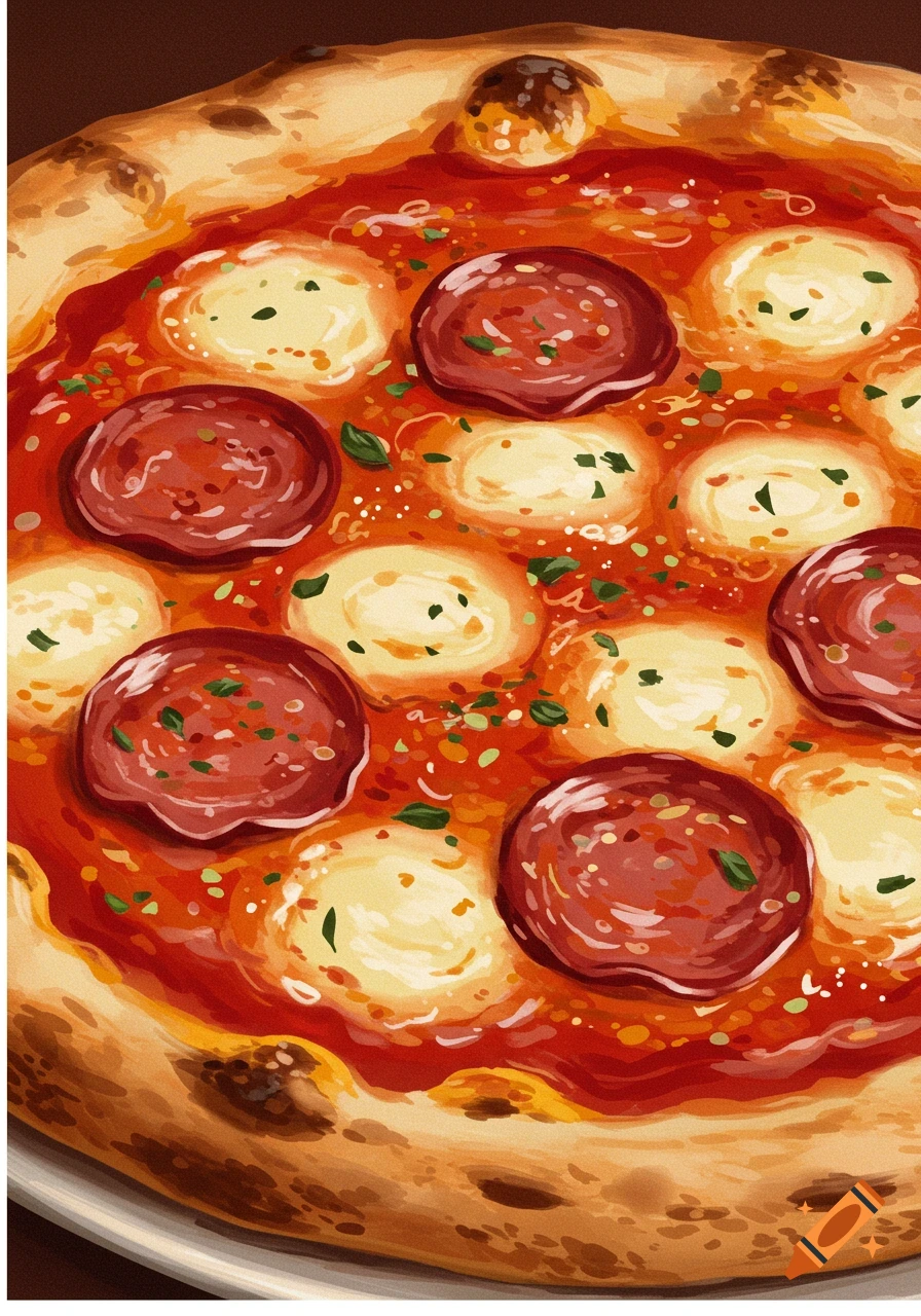 Close-up top-down view of a pepperoni and mozzarella pizza in a painterly style.