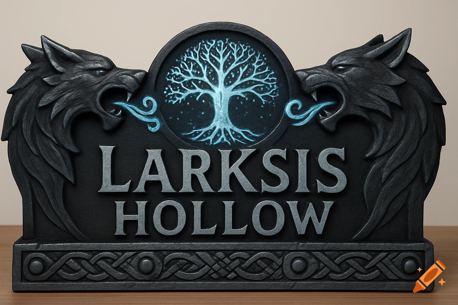 A black tabletop sign with sculpted wolf heads, a glowing blue tree, and silver text reading 'Larksis Hollow'.