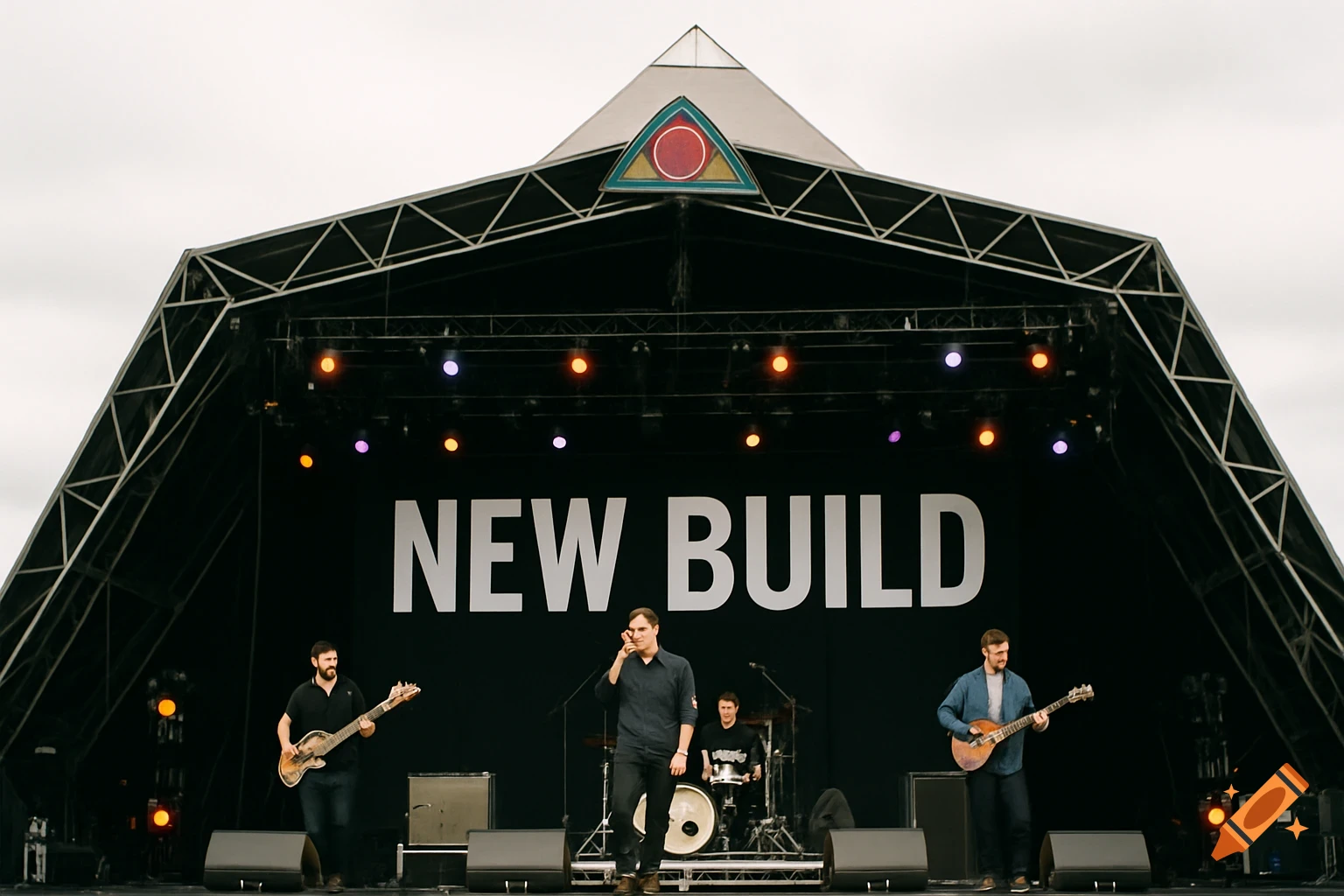 A band called New Build performs on a large outdoor stage.