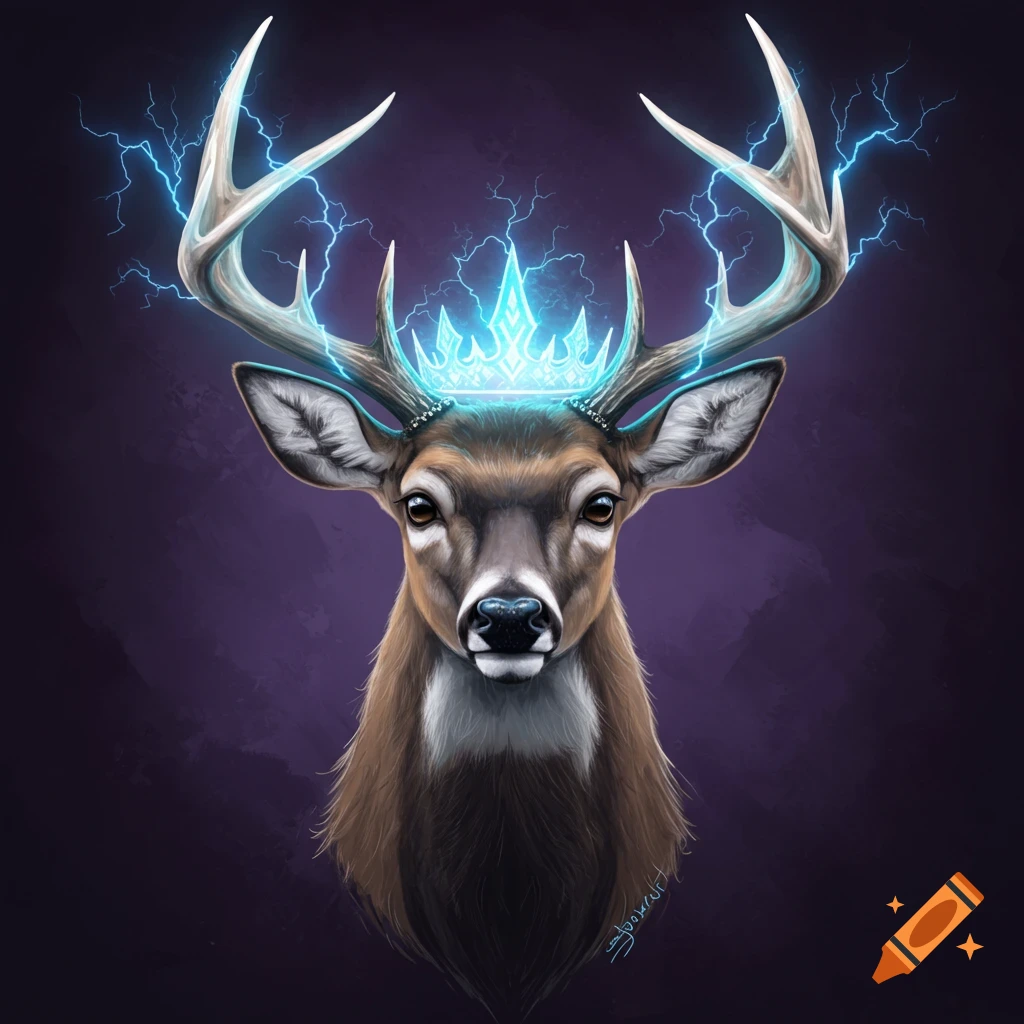 Deer head with lightning antlers and a glowing crown