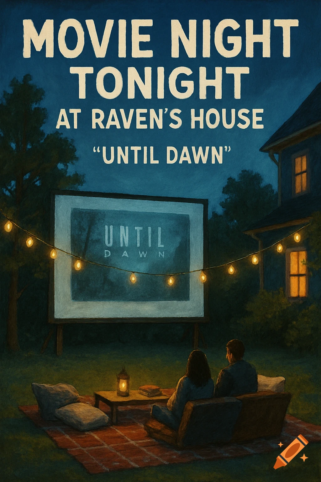 Painting of a couple watching the movie 'Until Dawn' on a large screen during an outdoor movie night.