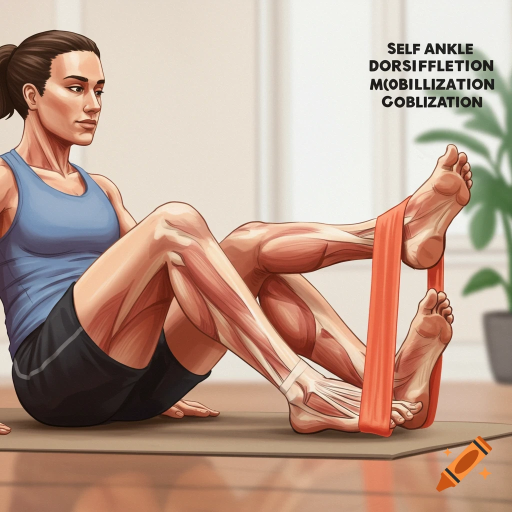 Illustration of a person doing an ankle exercise with a resistance band, showing leg muscles.