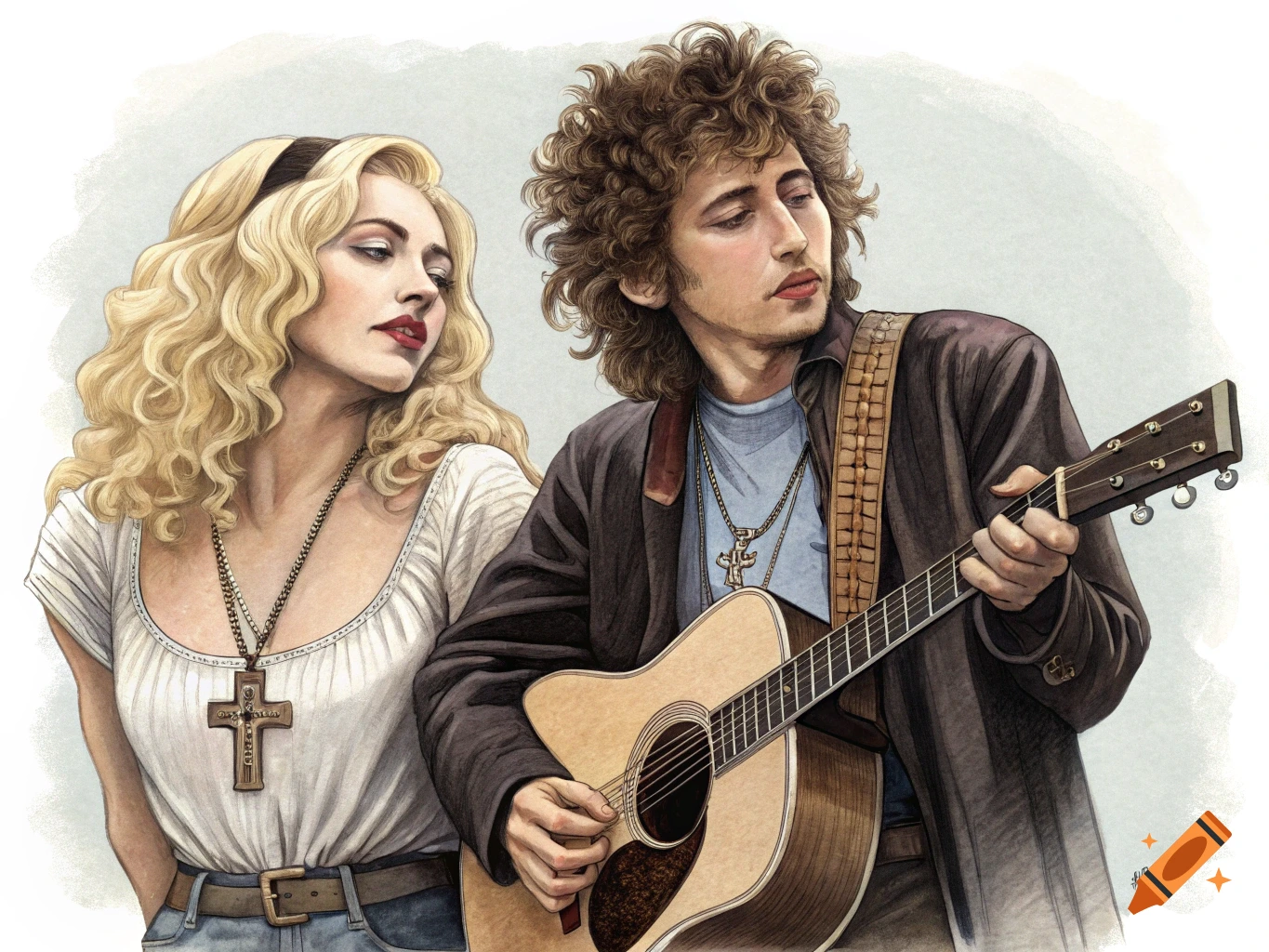 Illustration of Bob Dylan playing guitar while Madonna looks on