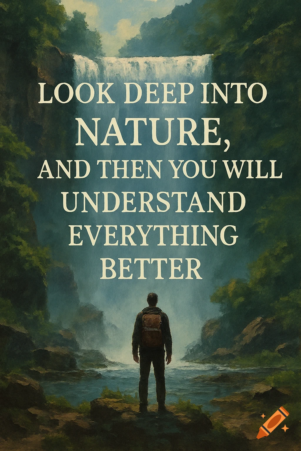 A person stands by a river looking at a waterfall, with the quote 'Look deep into nature...' overlaid. Painting style.