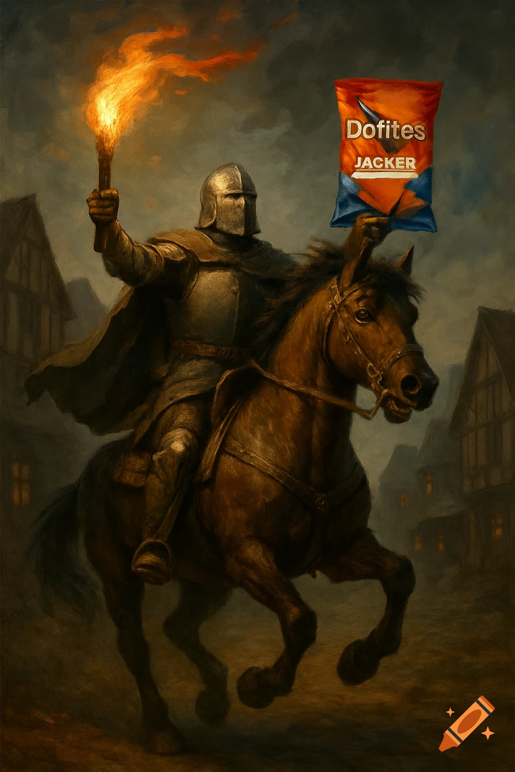 A knight on horseback holds a flaming torch and a bag of chips in a dark, painterly style.