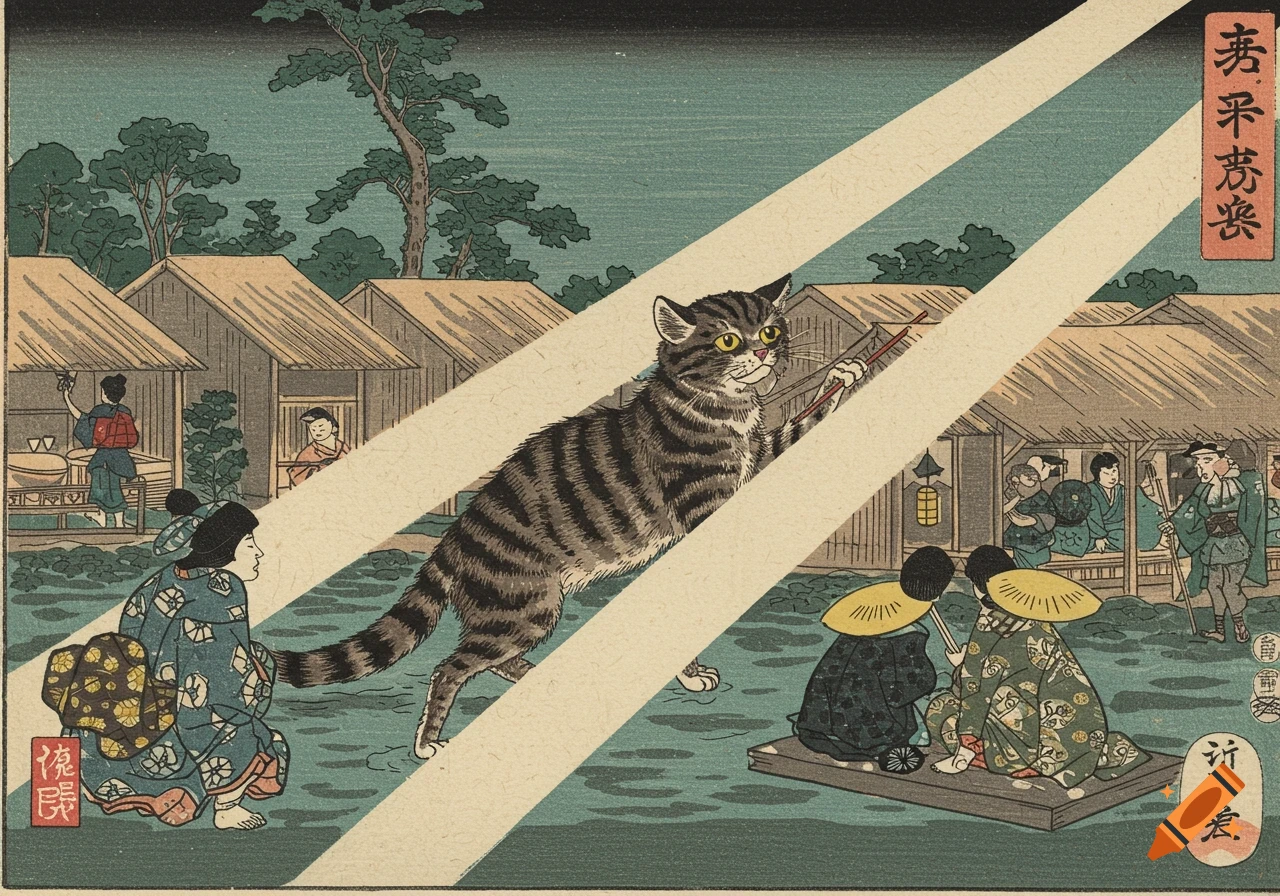 Large cat walking through light beams in a Japanese village with people watching, ukiyo-e style.