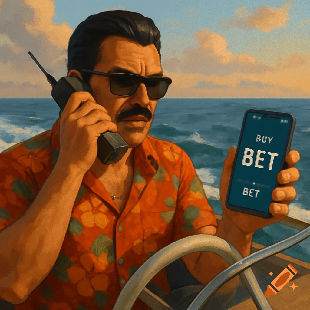 Man on boat uses vintage cell phone while holding smartphone showing 'BUY BET'