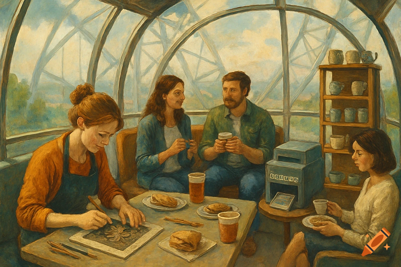 Painting of people crafting, eating, and talking in a sunlit room with a glass roof.