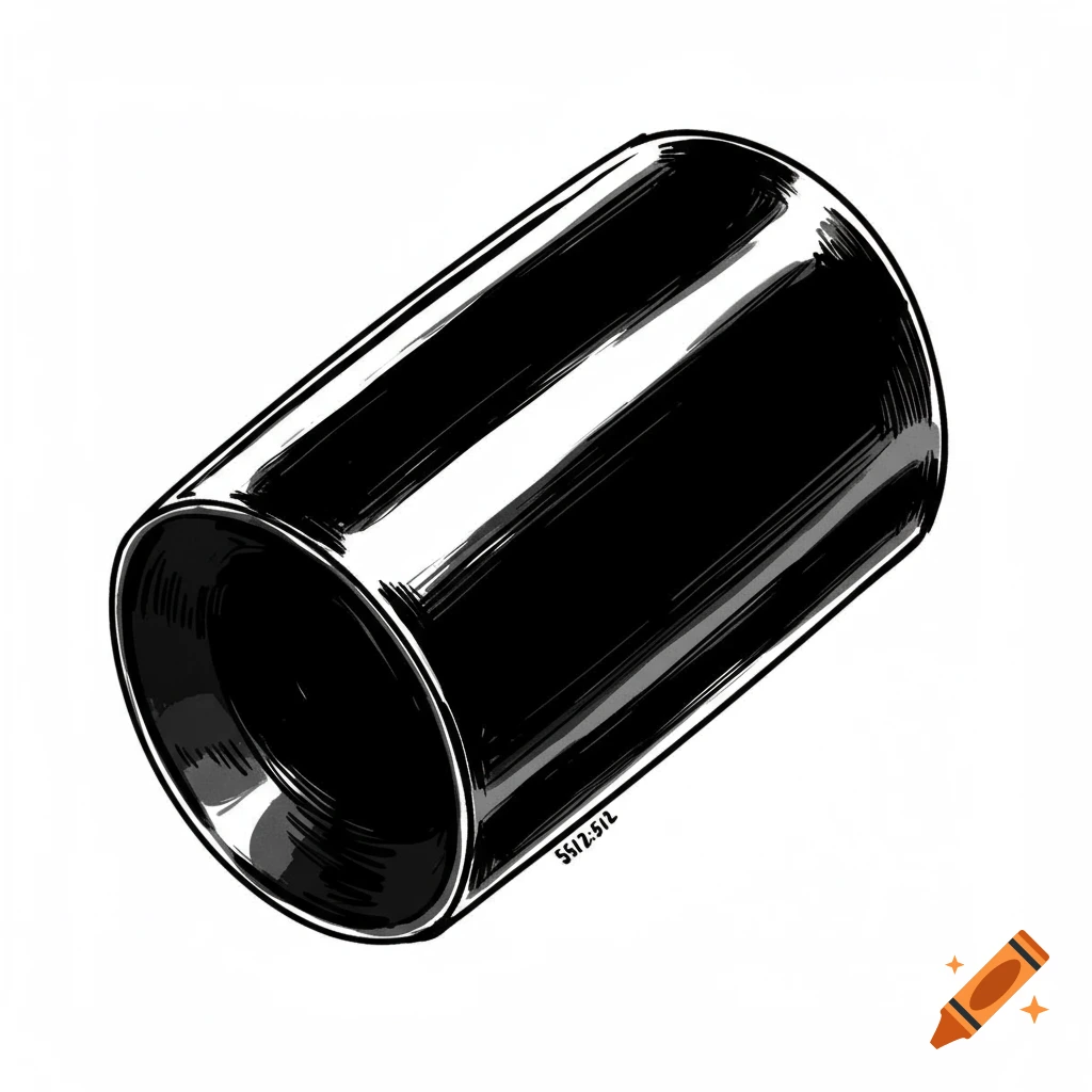 Black and white sketch of a reflective metal cylinder.