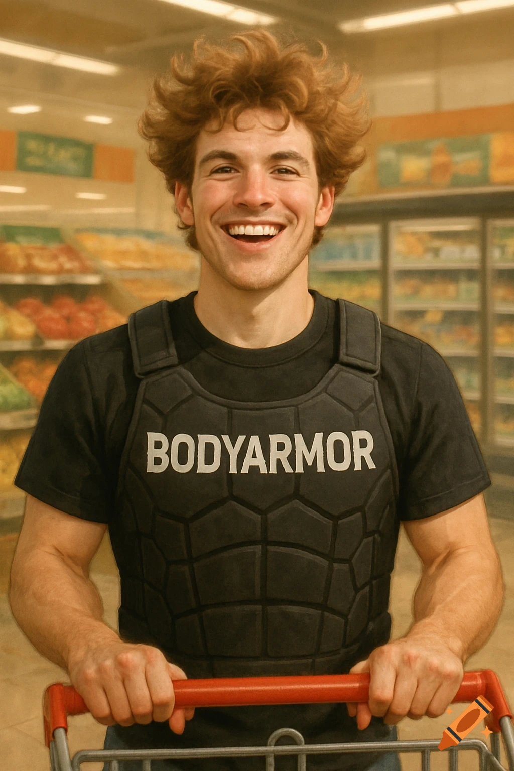 A smiling man in a BODYARMOR t-shirt pushes a shopping cart in a grocery store.