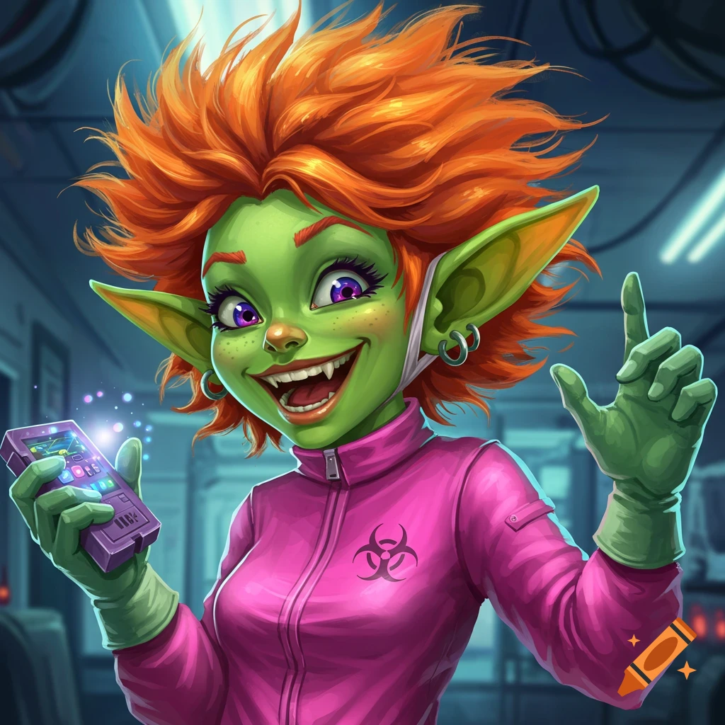 A stylized portrait illustration of a green-skinned goblin female with orange hair, wearing a pink lab jacket with a biohazard symbol, holding a futuristic device.