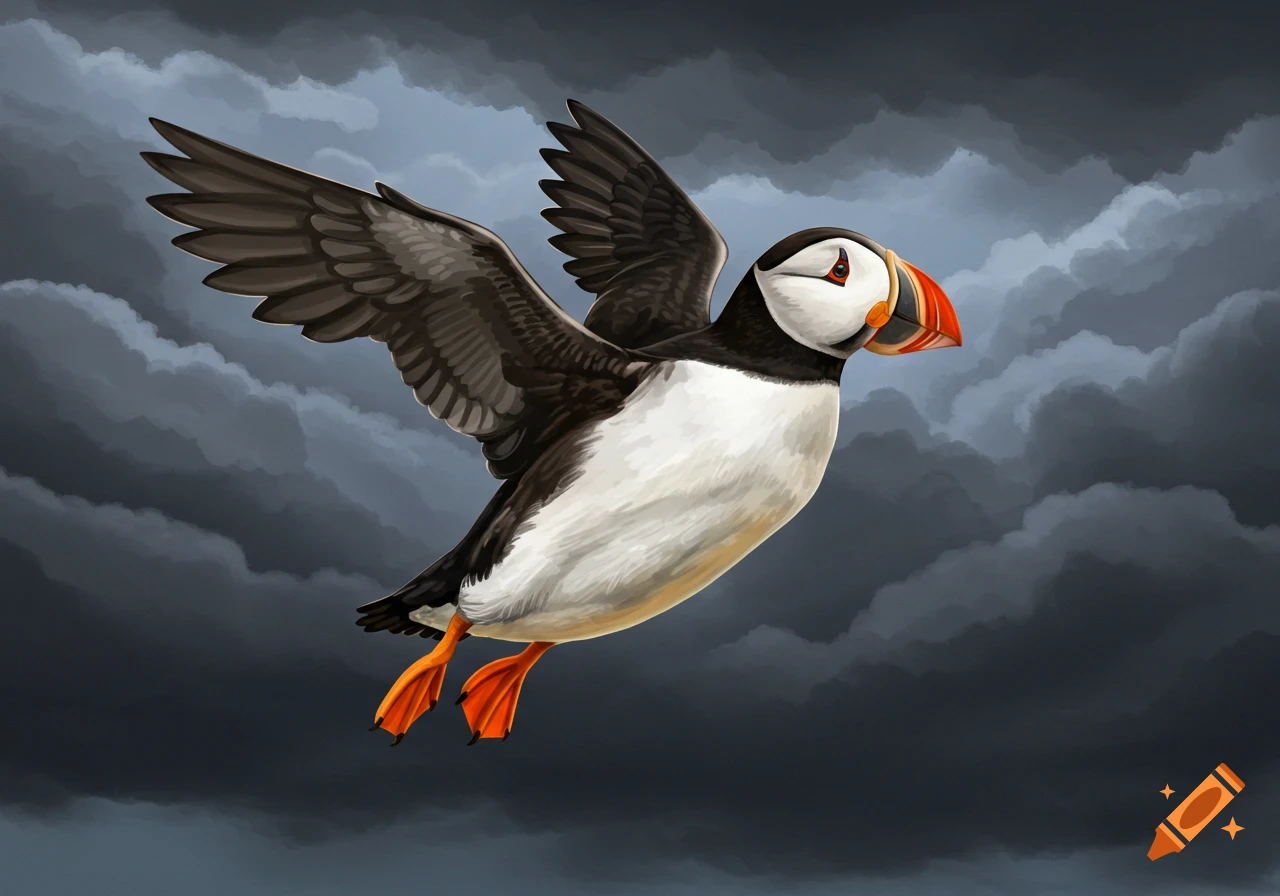 An illustrated puffin flies against a dark cloudy sky.