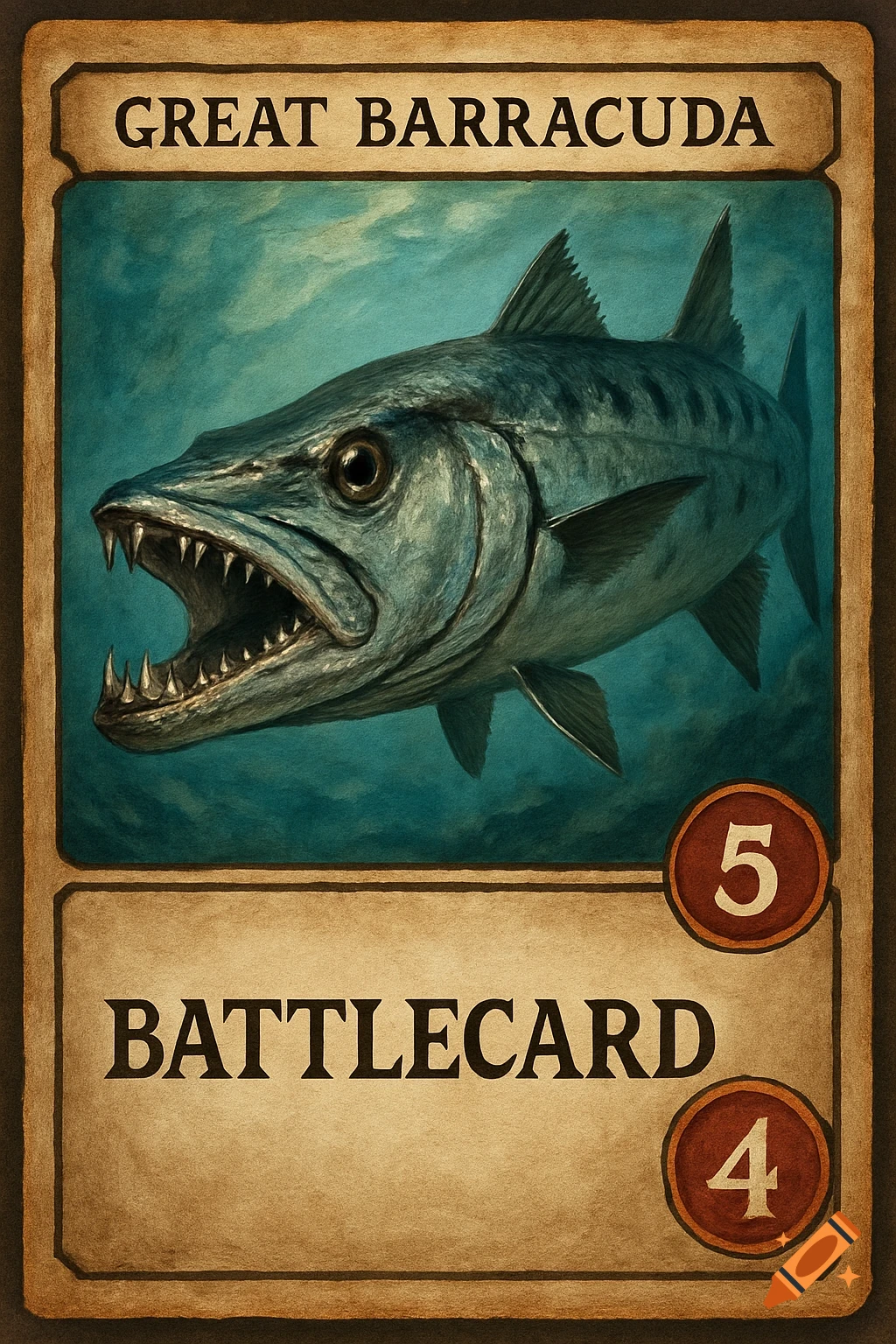 Painting of a barracuda on a fantasy trading card with 'GREAT BARRACUDA' and 'BATTLECARD' text