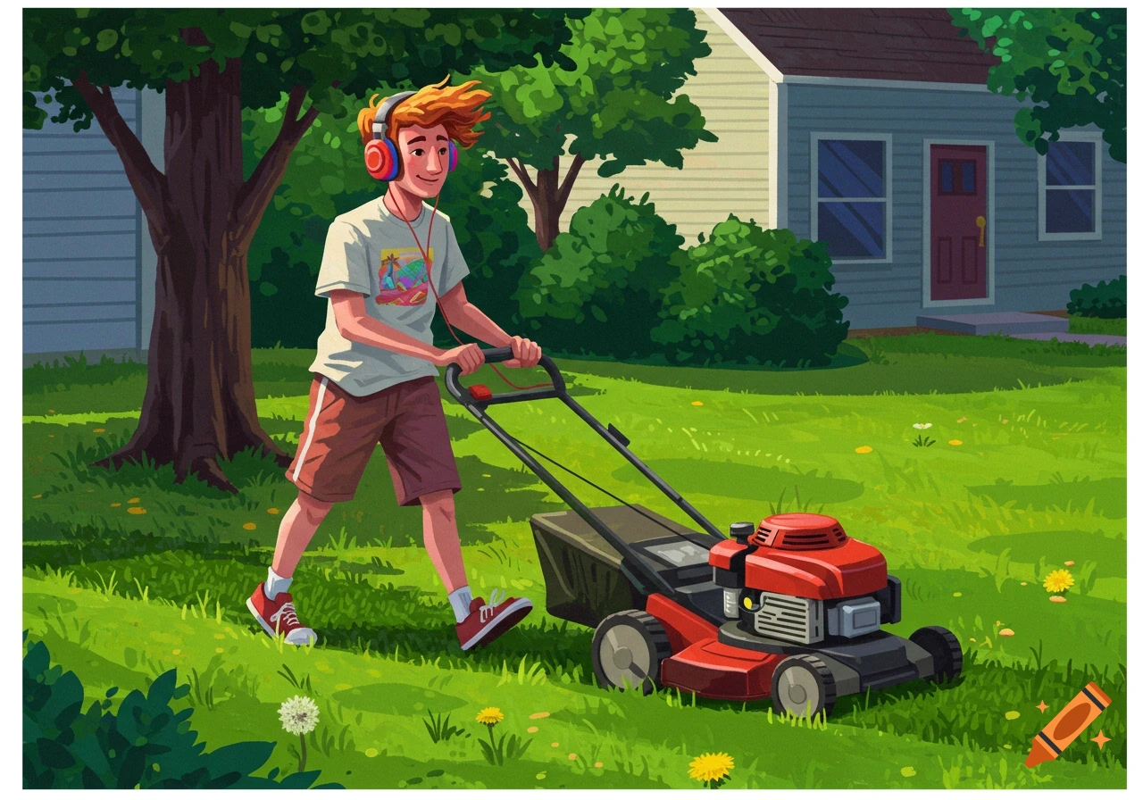 Illustration of a young man wearing headphones, mowing a lawn with a red lawnmower in a suburban yard.