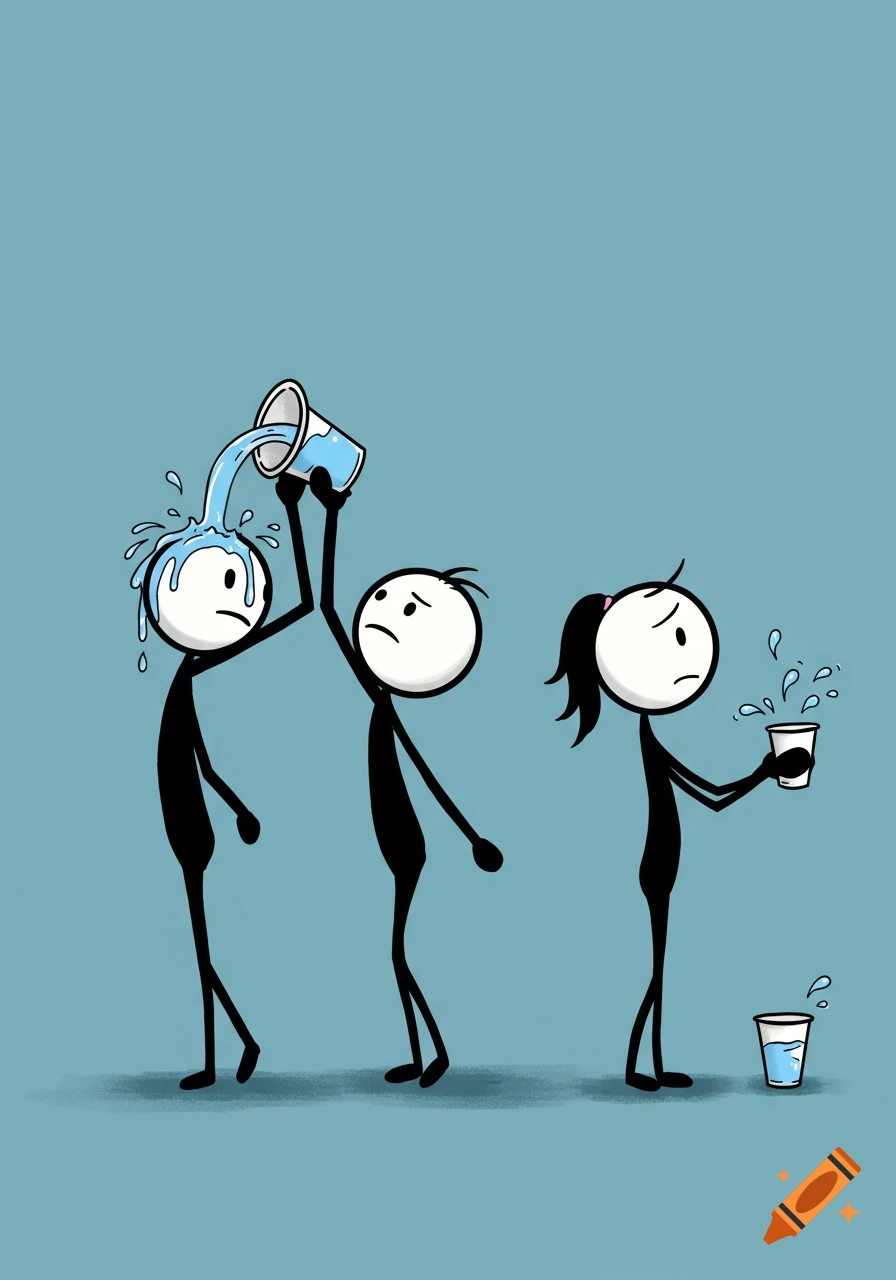 Three stick figures; one pours water over head, another tries to catch it, third waits.