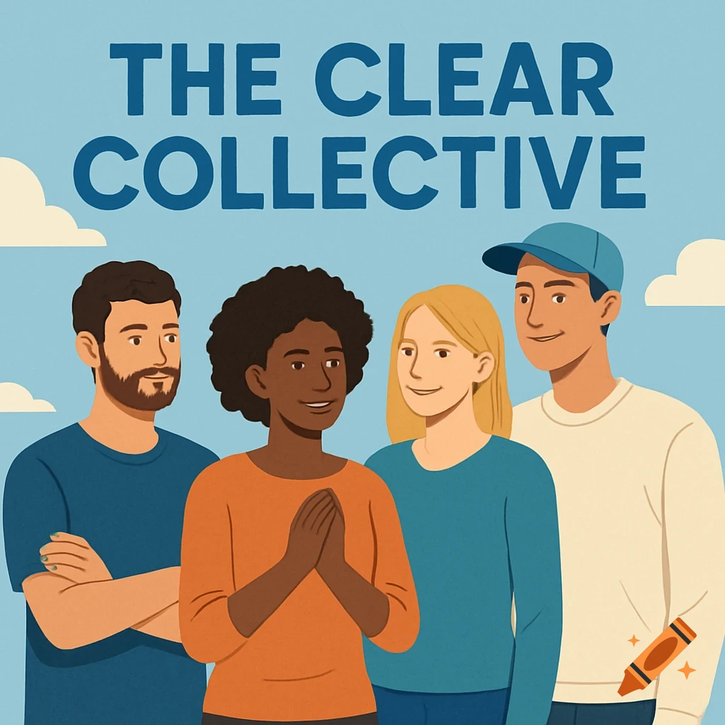 Illustration of four diverse people under the text "THE CLEAR COLLECTIVE" against a blue sky.