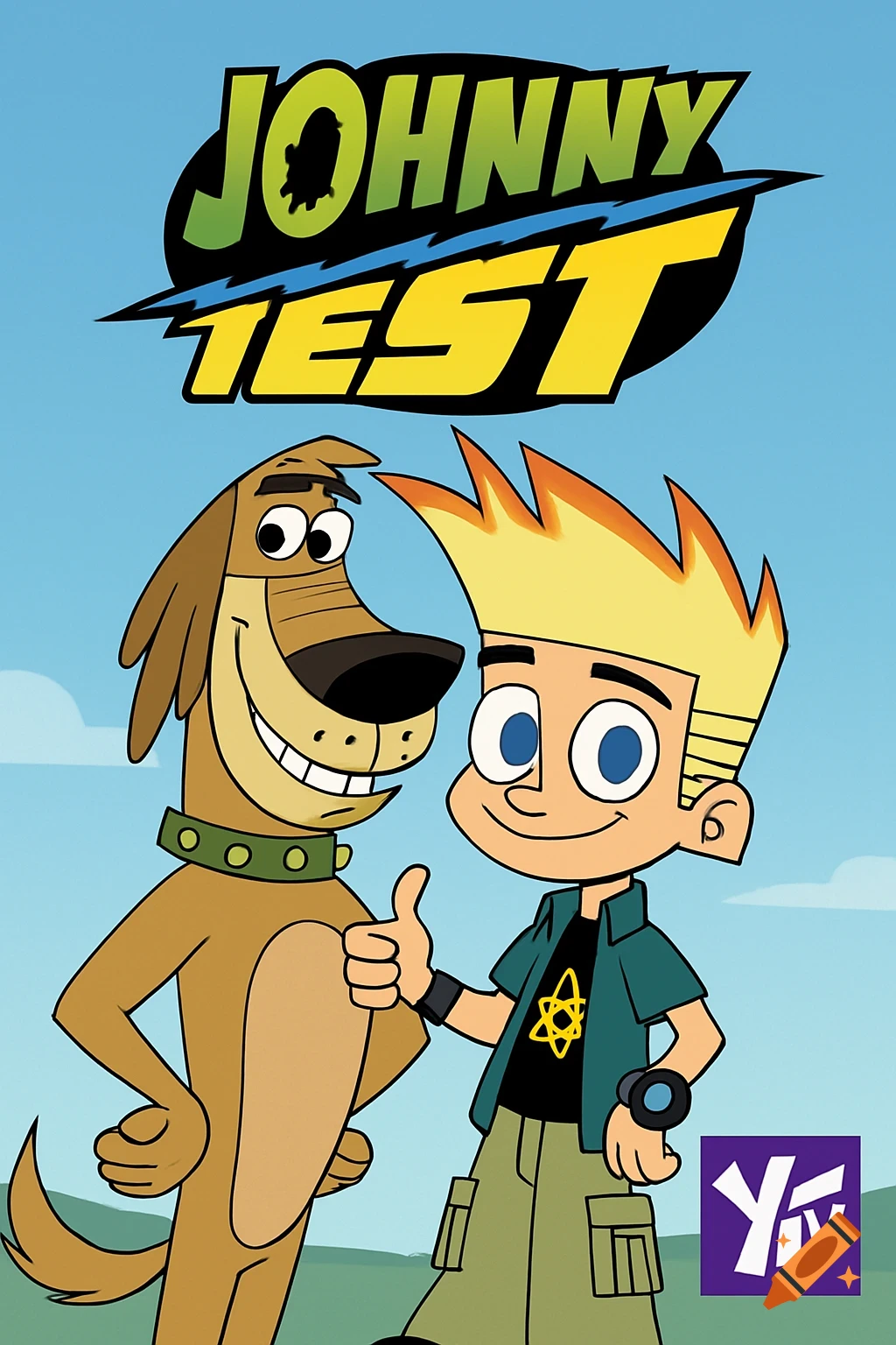 A cartoon boy giving a thumbs up next to a smiling dog, with the title "Johnny Test" above them and a "YTV" logo.