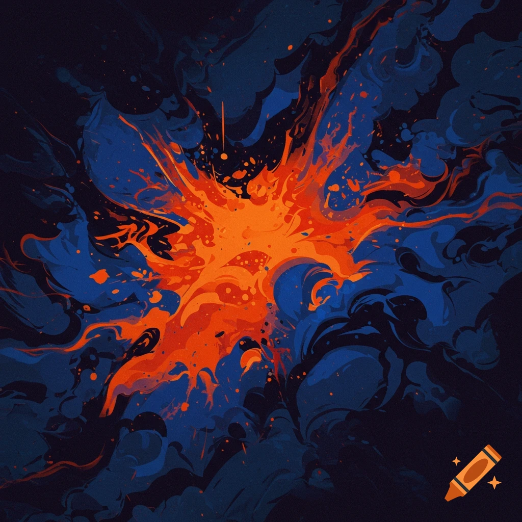 Abstract splash of orange and blue paint on a dark background